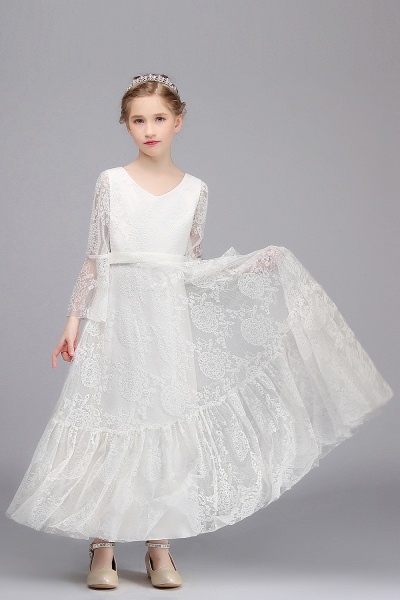 Long A-line Appliques Lace V-neck Floor Length Flower Girl Dress with Sleeves_7