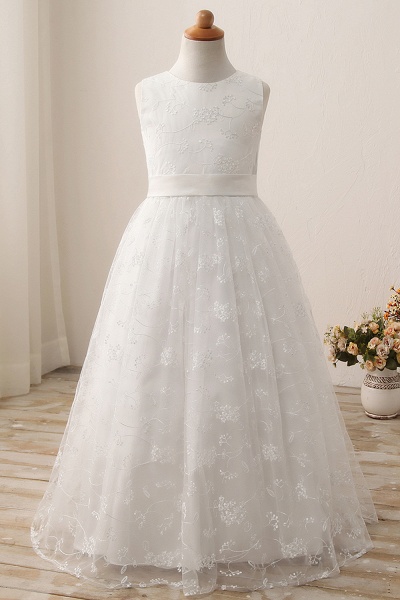 Cute Long A-line Jewel Lace Sleeveless Floor length Flower Girl Dress_8