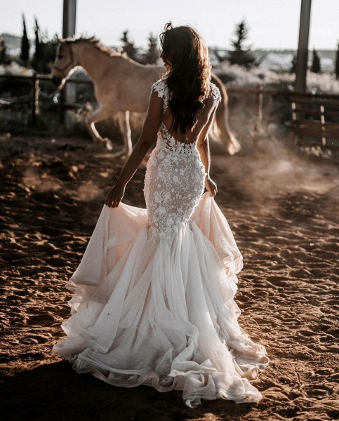 Elegant Long Mermaid Sweetheart Tulle Lace Backless Wedding Dress_2