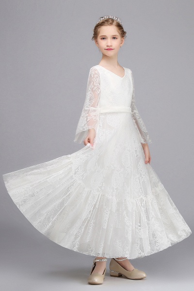 Long A-line Appliques Lace V-neck Floor Length Flower Girl Dress with Sleeves_6