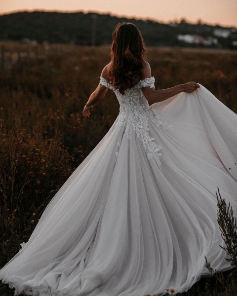 Gorgeous Long A-line Off-the-shoulder Tulle Wedding Dress with Appliques Lace_2