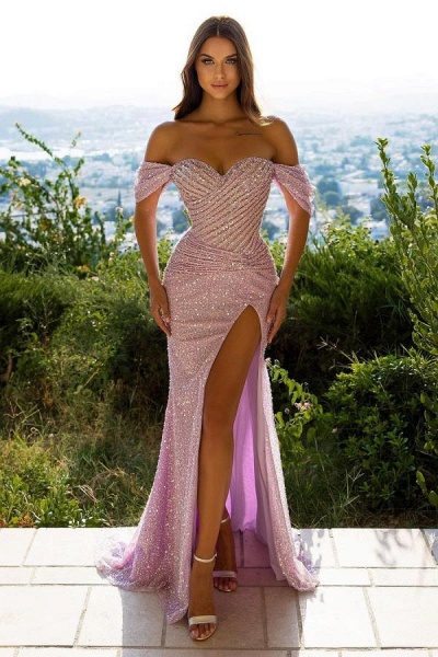 Gorgeous Long Mermaid Off-the-shoulder Glitter Prom Dress with Slit