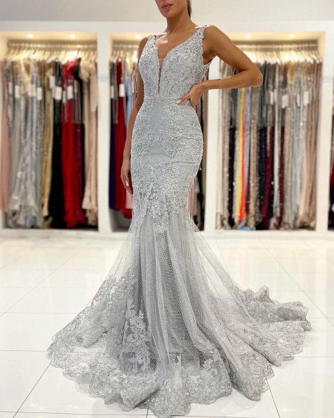 Long Mermaid V-neck Tulle Ruffles Lace Open Back Prom Dress_3