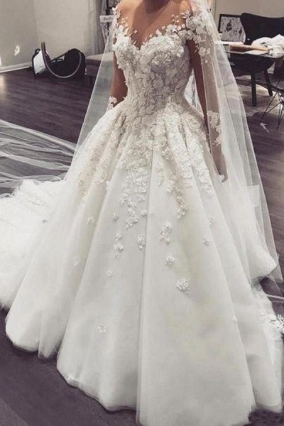 Elegant Bateau Long Sleeve Appliques Lace A-Line Floor-length Wedding Dress_3