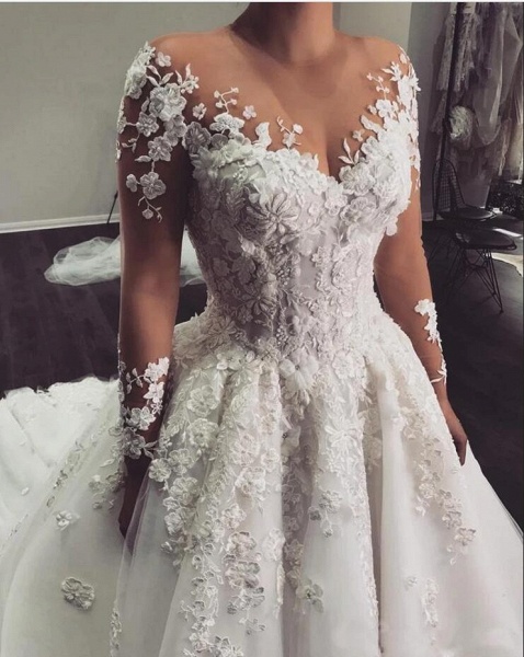 Elegant Bateau Long Sleeve Appliques Lace A-Line Floor-length Wedding Dress_2