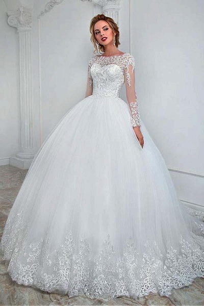 Gorgeous Ball Gown Long Sleeves Jewel Tulle Lace Wedding Dress_1