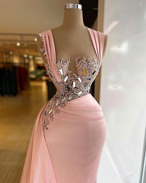 Simple Long Mermaid Wide Straps Crystal Ruffles Prom Dress with Beading_2