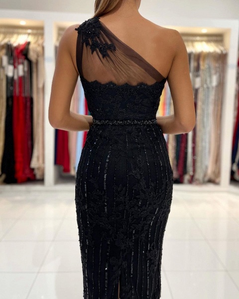 Elegant Short Mermaid One Shoulder Black Lace Formal Prom Dress_4