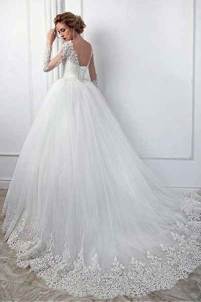 Gorgeous Ball Gown Long Sleeves Jewel Tulle Lace Wedding Dress_2