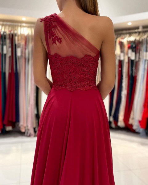 Unique A-Line One Shoulder Appliques Lace Ruffles Chiffon Prom Dress With Slit_6