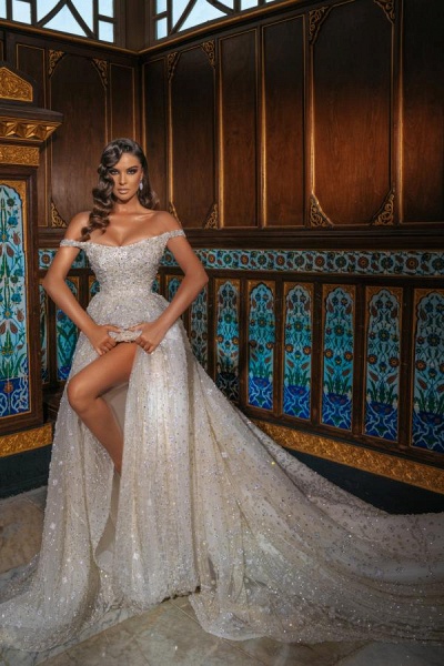 Luxury Long Princess Off-the-shoulder Sequined Wedding Dresses_2