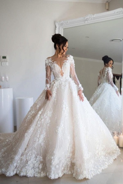 Gorgeous Long A-line Sweetheart Tulle Lace Open Back Wedding Dress with sleeves_1