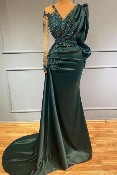 Elegant V-neck Long Sleeve Appliques Lace Floor-length Ruffles Mermaid Prom Dress_1