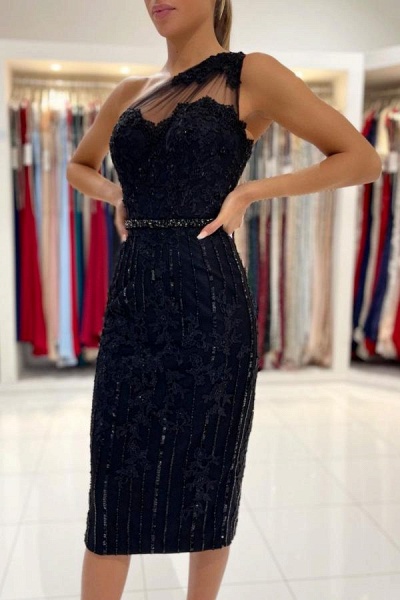 Elegant Short Mermaid One Shoulder Black Lace Formal Prom Dress_1