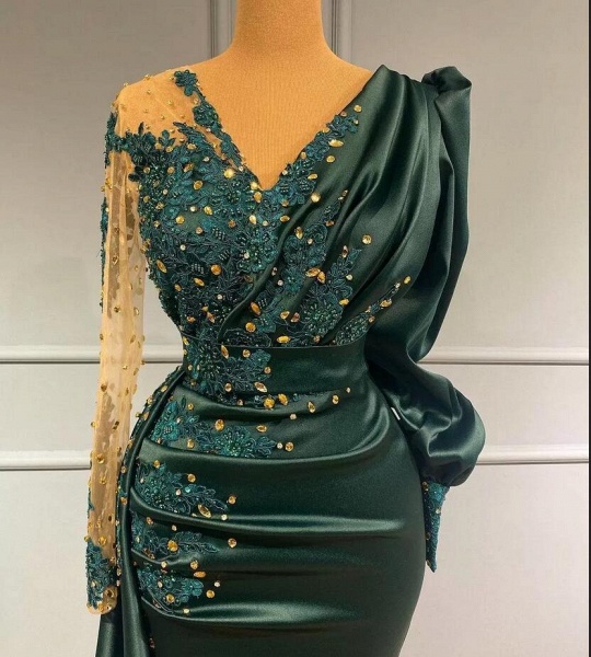Elegant V-neck Long Sleeve Appliques Lace Floor-length Ruffles Mermaid Prom Dress_2