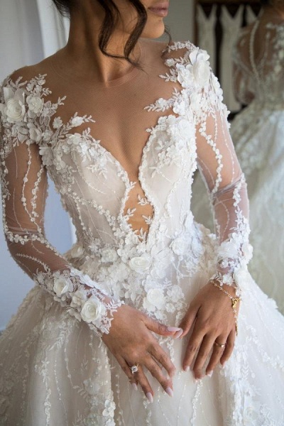 Gorgeous Long A-line Sweetheart Tulle Lace Open Back Wedding Dress with sleeves_4