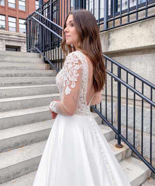 Classy A-Line Deep V-neck Appliques Lace Open Back Floor-length Satin Wedding Dress_2