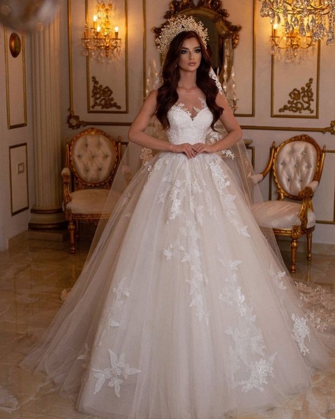 Stunning A-Line Bateau Tulle Floor-length Wedding Dress With Appliques Lace_2
