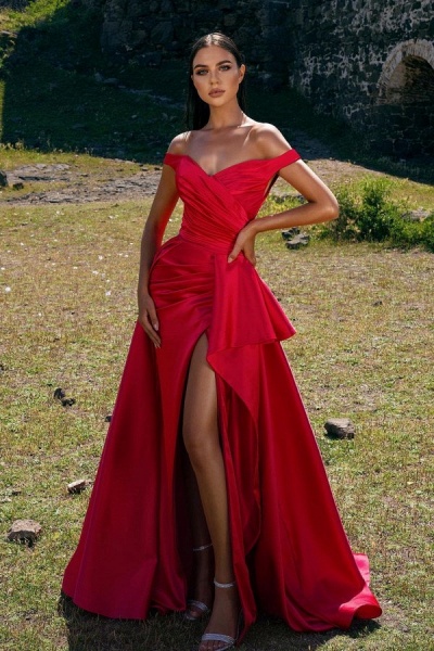 Simple Long A-line Off-the-shoulder Red Prom dress with Slit_1