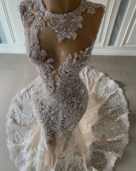 Gorgeous Bateau Crystal Appliques Floor-length Tulle Mermaid Prom Dress_2