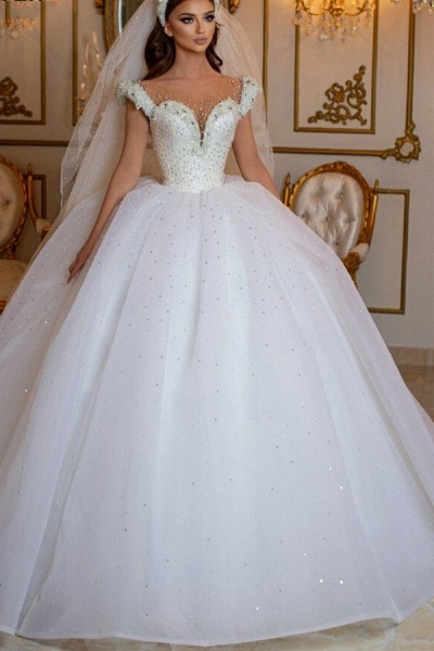 Glamorous Off the Shoulder Beading Pearl Tulle Princess Wedding Dress_1