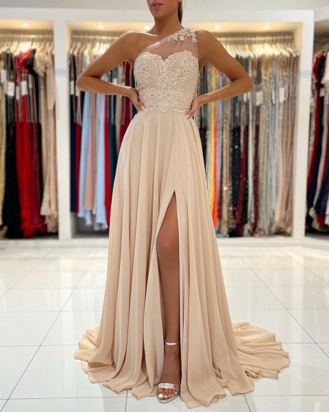 Simple Long A-line Chiffon One Shoulder Front Slit Prom Dress with Lace_3