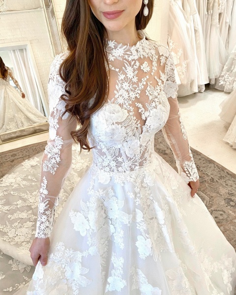Wunderschönes, langes A-Linien-Brautkleid mit hohem Ausschnitt, Spitze und offenem Rücken und Ärmeln_4