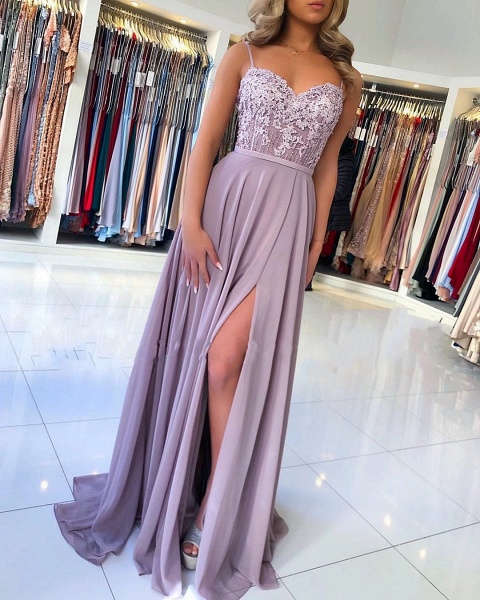 Long A-Line Sweetheart Floral Lace Chiffon Backless Prom Dress With Slit_2