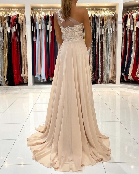 Simple Long A-line Chiffon One Shoulder Front Slit Prom Dress with Lace_2