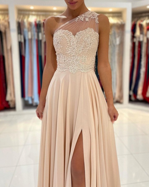 Simple Long A-line Chiffon One Shoulder Front Slit Prom Dress with Lace_4
