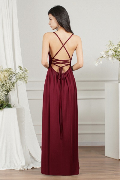 Simple A-line Deep V-neck Backless Floor-length Prom Dress With Ruffles Split_8