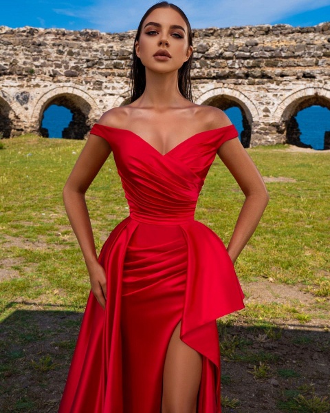 Simple Long A-line Off-the-shoulder Red Prom dress with Slit | Cocosbride