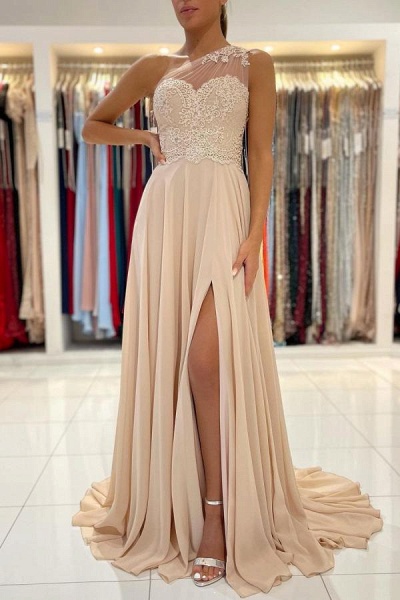 Simple Long A-line Chiffon One Shoulder Front Slit Prom Dress with Lace_1