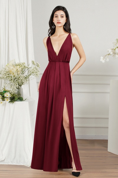 Simple A-line Deep V-neck Backless Floor-length Prom Dress With Ruffles Split_1
