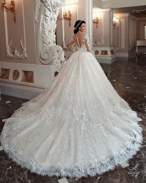 Attractive Long Sleeves Bateau Beading A-Line Appliques Lace Train Wedding Dress_3