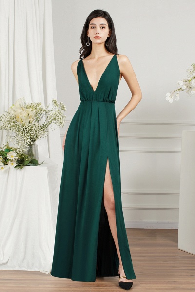 Simple A-line Deep V-neck Backless Floor-length Prom Dress With Ruffles Split_3