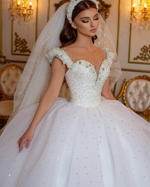 Glamorous Off the Shoulder Beading Pearl Tulle Princess Wedding Dress_4