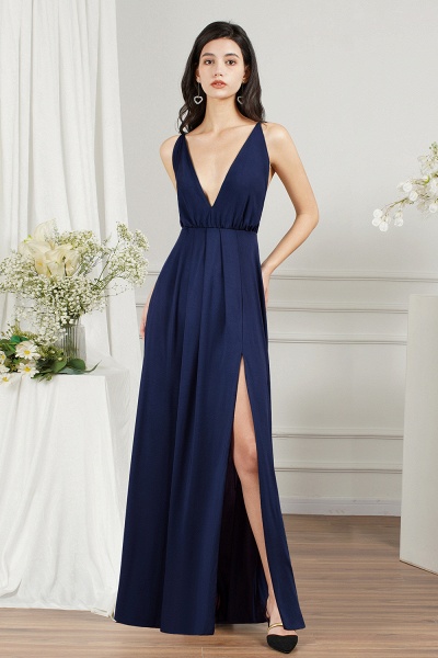 Simple A-line Deep V-neck Backless Floor-length Prom Dress With Ruffles Split_2