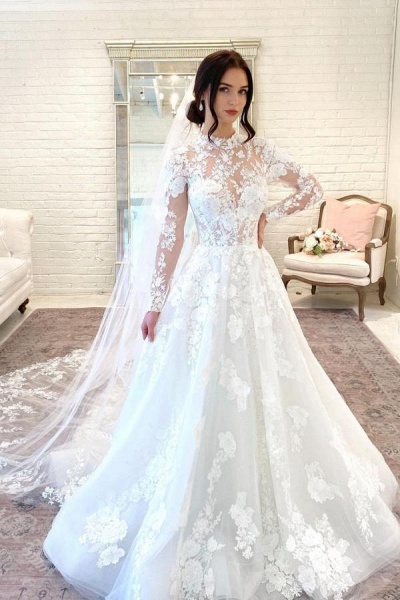 Wunderschönes, langes A-Linien-Brautkleid mit hohem Ausschnitt, Spitze und offenem Rücken und Ärmeln_1