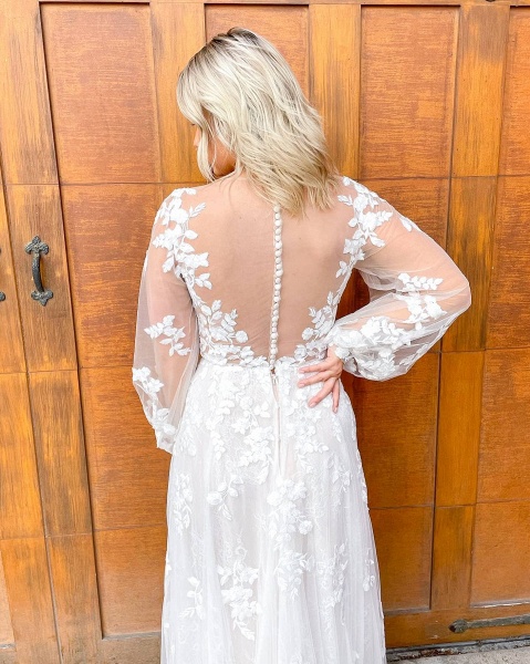 Classy Sheath Train Deep V-neck Long Sleeve Appliques Lace Tulle Wedding Dress_2
