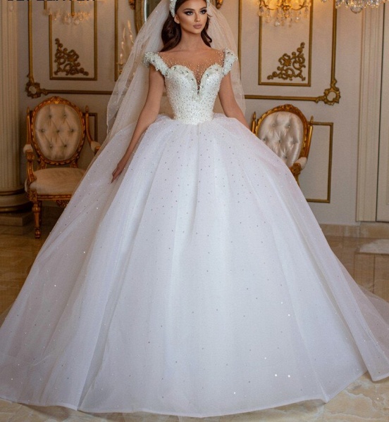 Glamorous Off the Shoulder Beading Pearl Tulle Princess Wedding Dress_5