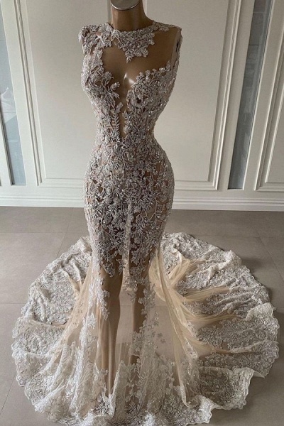 Gorgeous Bateau Crystal Appliques Floor-length Tulle Mermaid Prom Dress_1