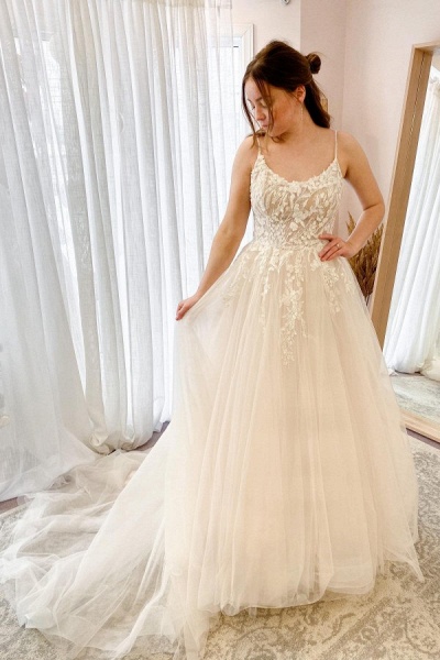 Simple Long A-line Halter Tulle Wedding Dress with Lace_1