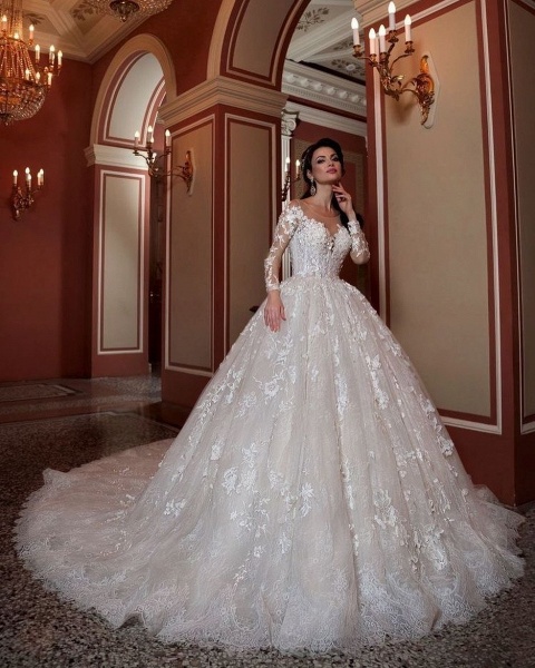 Attractive Long Sleeves Bateau Beading A-Line Appliques Lace Train Wedding Dress_2