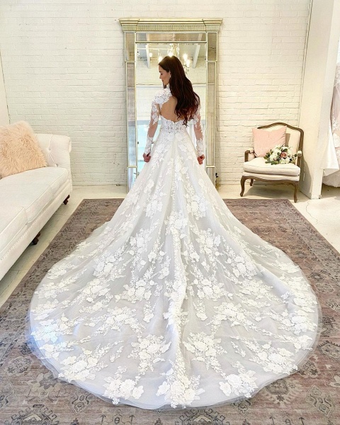 Wunderschönes, langes A-Linien-Brautkleid mit hohem Ausschnitt, Spitze und offenem Rücken und Ärmeln_3