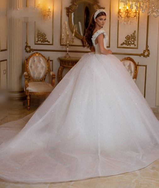 Glamorous Off the Shoulder Beading Pearl Tulle Princess Wedding Dress_2