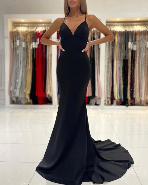 Sexy Black Floor-length Spaghetti Straps V-neck Backless Mermaid Prom Dress_3