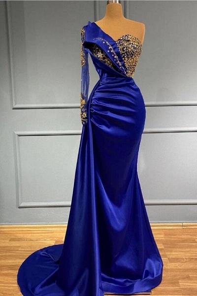 Classy One Shoulder Mermaid Gold Crystal Ruffles Prom Dress With Side Train_1