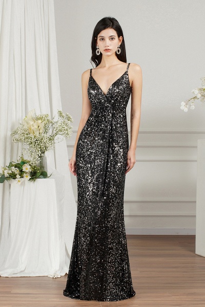 Charming V-neck Spaghetti Straps Sequins Backless Mermaid Bridesmaid Dress