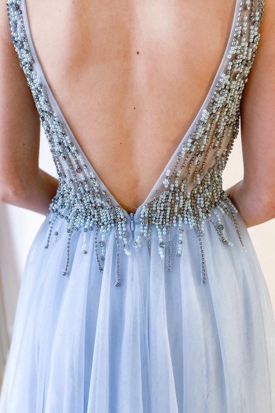 Stunning Deep V-neck Beading Pearl Tulle Open Back A-Line Prom Dress With Split_2